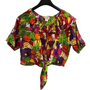 Vintage‎ Stefano Y2K Top Womens L Colorful Fruit Print Crop Tie Front Tropical